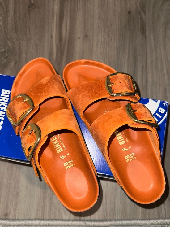 Birkenstock Shoes - Birkenstock Arizona Orange Suede Sandals with Gold Buckles